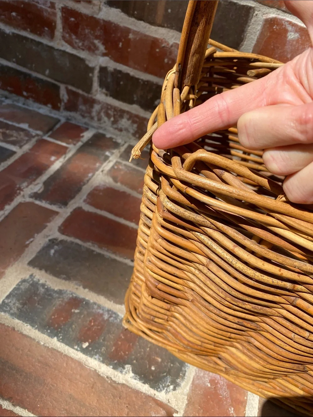 Vintage Woven Rattan Gathering Basket with Bamboo Handle in Natural Brown